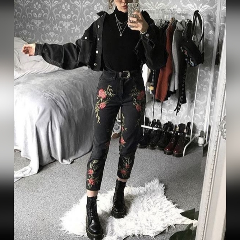 Topshop Rose Embroidered Mom Jeans